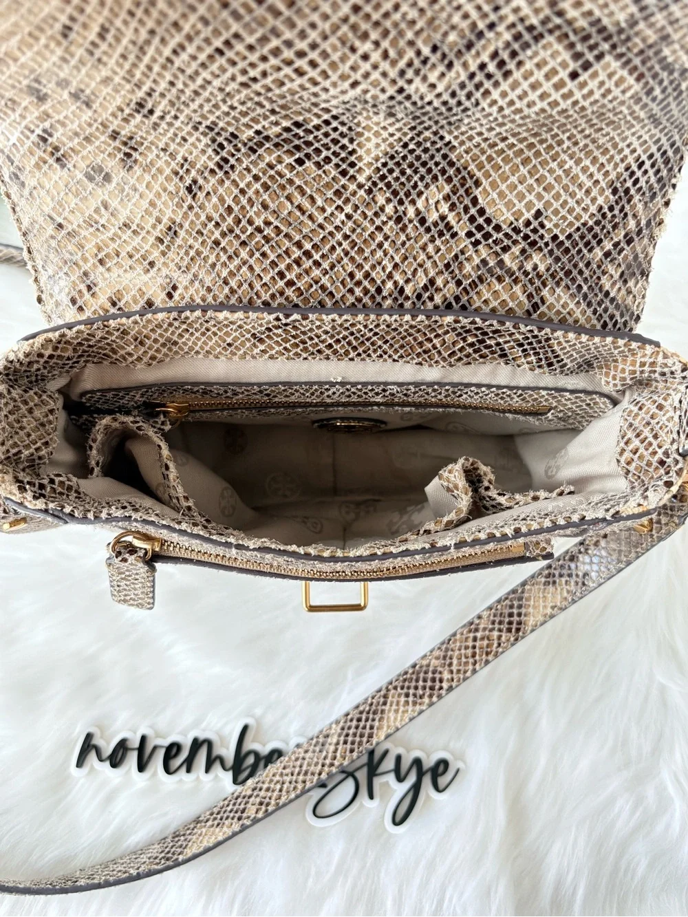 Tory Burch 797 Medium‎ Natural Raffia Snakeskin Print Flap Satchel Shoulder Bag.